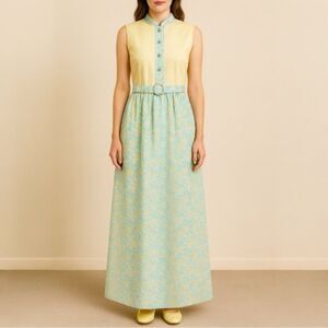 Toni Todd Vintage 60s 70s Dress Pastel Aqua Yellow Mod Evening Gown Modern Sz 6